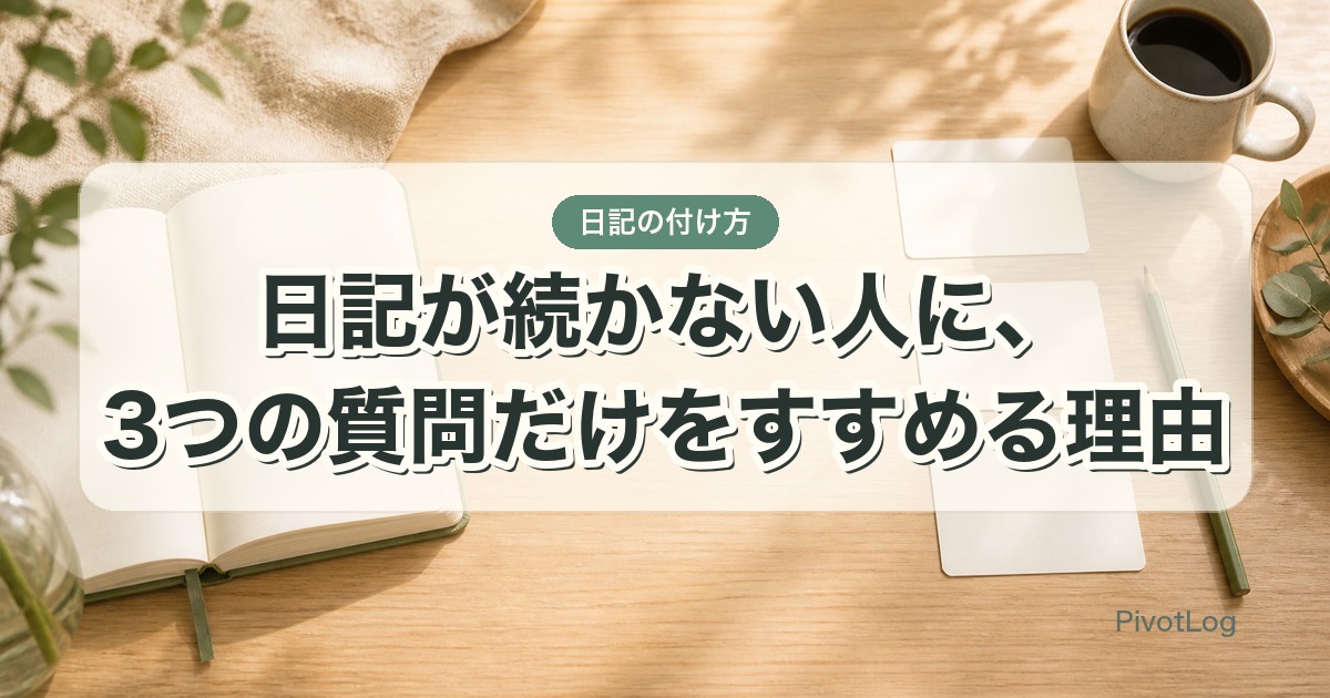 開いた日記帳と3枚の質問カードを背景に、日記が続かない人に3つの質問だけをすすめる理由と書かれた記事アイキャッチ