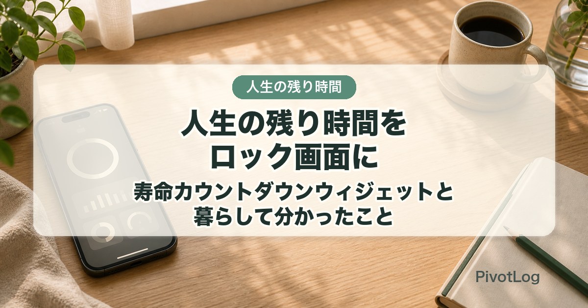 スマホのロック画面ウィジェット、コーヒー、ノートを背景に、人生の残り時間をロック画面にと書かれた記事アイキャッチ